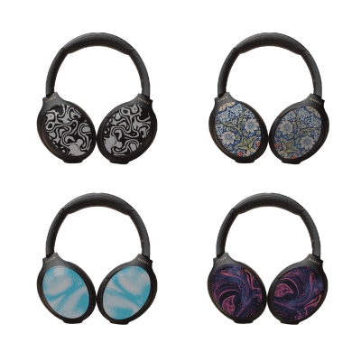 Grid display of various headphone styles with protective covers applied