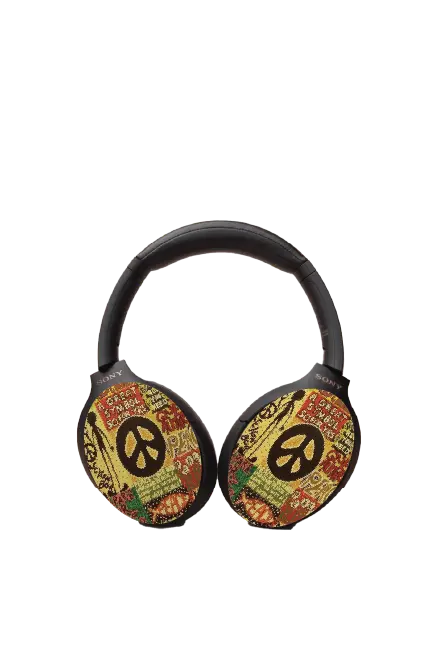 hippie-print headphone covers with black peace sign